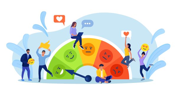 Eine bunte Illustration, die mehrere Personen um eine halbkreisförmige Skala zeigt, die verschiedene Stimmungsstufen von „glücklich“ (grün) bis „wütend“ (rot) darstellt.