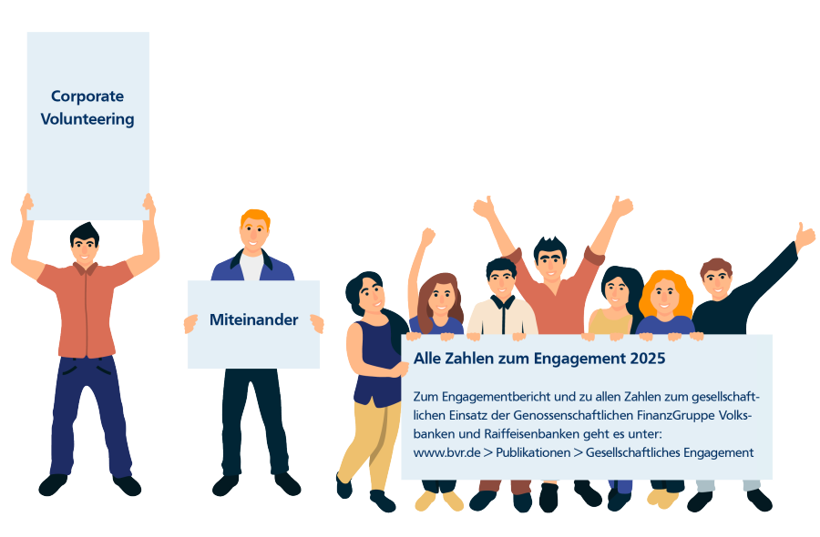 Illustration einer Gruppe mit Schildern zu „Corporate Volunteering“ und gesellschaftlichem Engagement.