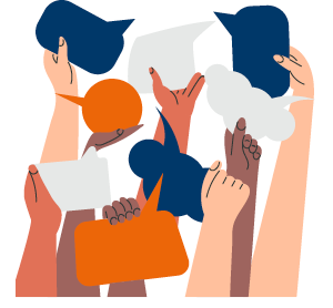 Illustration mehrerer Hände mit verschiedenen Hauttönen, die Sprechblasen in unterschiedlichen Farben und Formen in die Höhe halten, als Symbol für Kommunikation und Meinungsvielfalt.