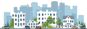 Illustration zeigt eine Mischung aus Wohnhäusern und städtischer Skyline.