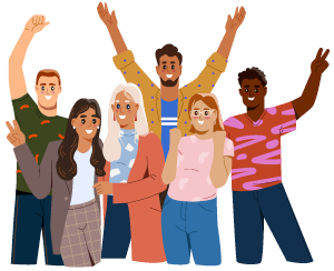 Illustration von sechs fröhlichen Menschen, die gemeinsam posieren und Vielfalt zeigen.