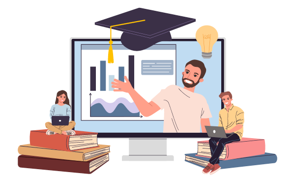 Dozent am Monitor und zwei Lernenden auf Bücherstapeln beim Online-Lernen.