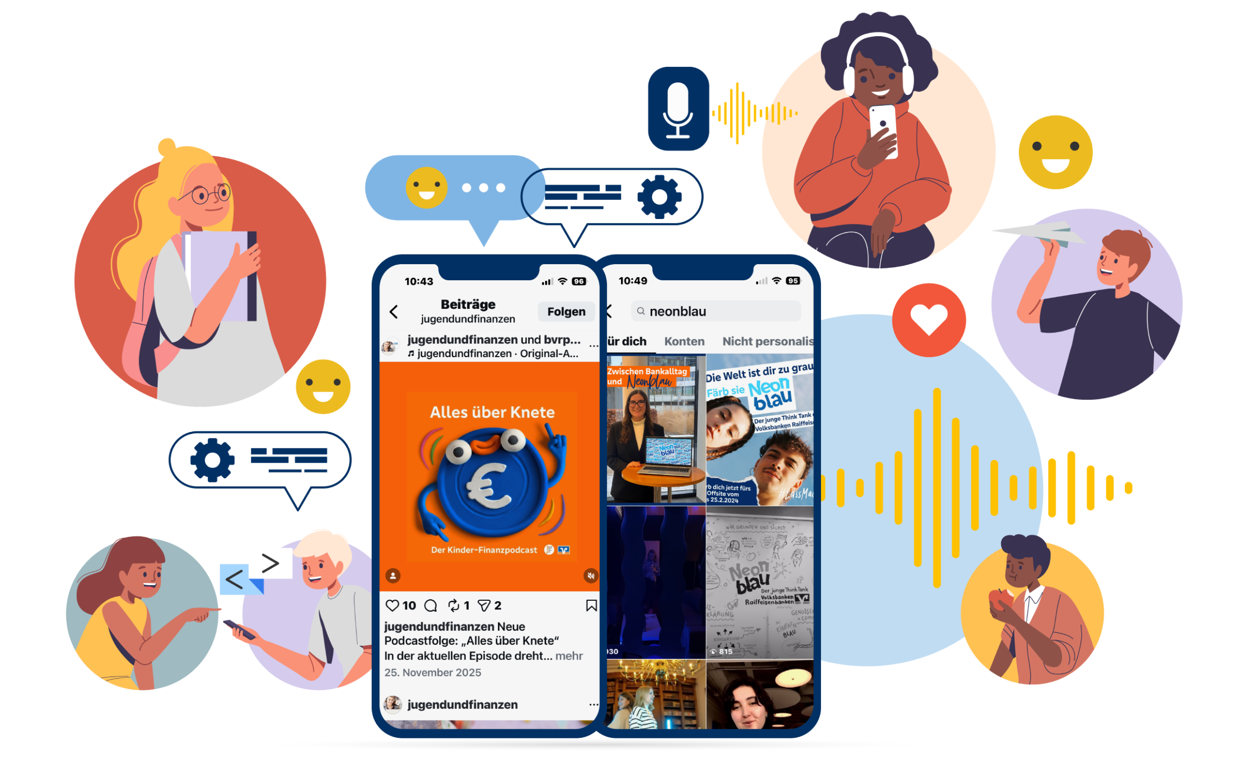 Zwei Smartphones mit Social-Media-Posts, umgeben von Figuren, Symbolen und digitalen Interaktionen.