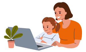 Mutter mit Kind sitzen gemeinsam am Laptop und lächeln.