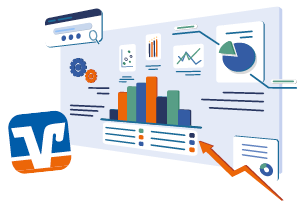 Finanz-Dashboards mit Balken-, Kreis- und Liniendiagrammen sowie Banklogo