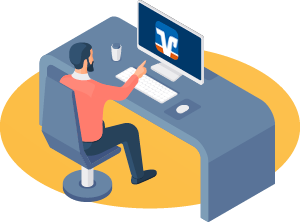 Ein Mann schaut sich an seinem Schreibtisch das VR Logo auf seinem Bildschirm an