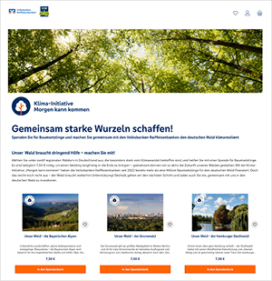 Flyer der Klima-Initiative „Morgen kann kommen“ mit dem Aufruf „Gemeinsam starke Wurzeln schaffen!“ zur Unterstützung von Aufforstungsprojekten in deutschen Wäldern; oben ein Bild mit Blick in grüne Baumwipfel, darunter drei Spendenoptionen für verschiedene Waldregionen in Deutschland