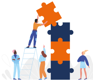 eine Gruppe Menschen arbeitet zusammen um große Puzzleteile zu stapeln